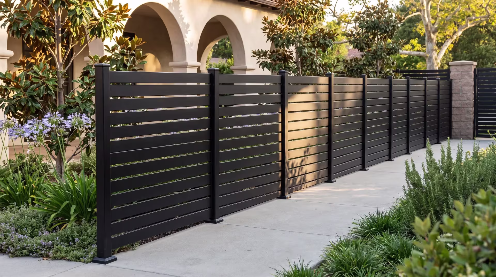 An arched stucco loggia opens onto a Black aluminum semi privacy fence facing a Spanish courtyard garden