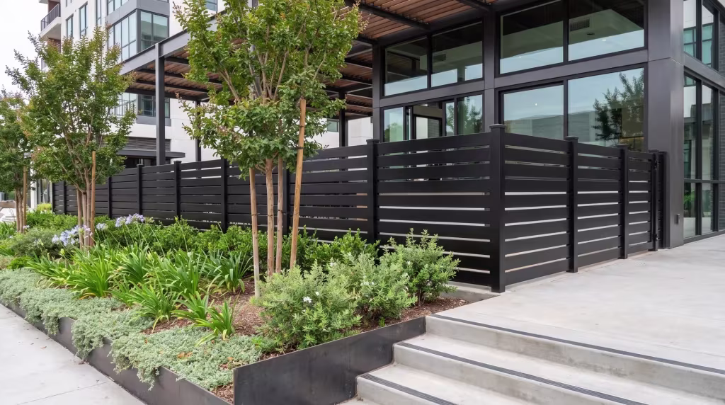 A modern mixed-use facade rises above a Black aluminum semi privacy fence continuing behind layered courtyard planting