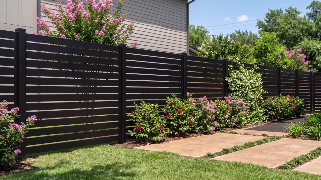Black aluminum semi privacy fence bordering a level backyard lined with warm concrete pavers and camellias