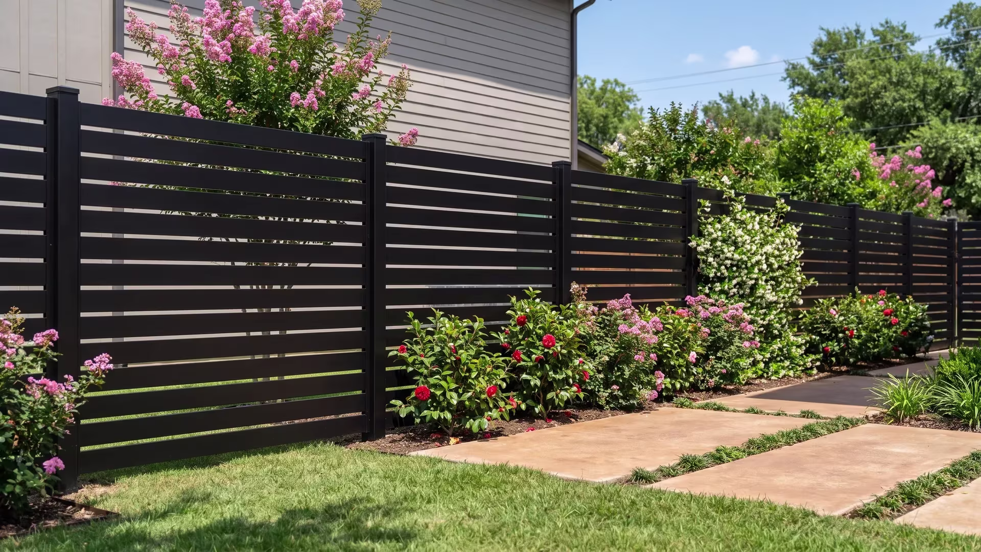 Black aluminum semi privacy fence bordering a level backyard lined with warm concrete pavers and camellias