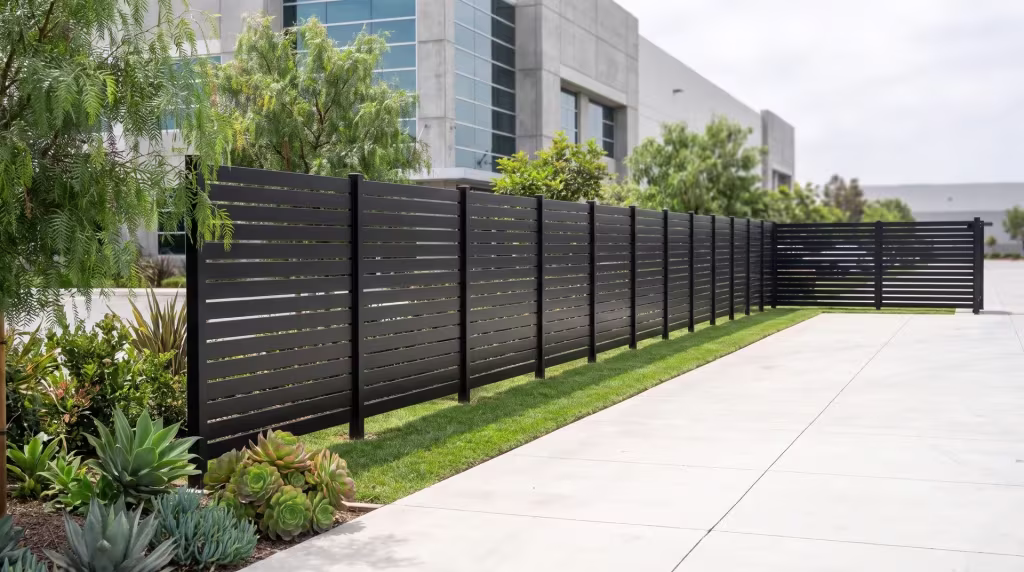 Pale concrete paving with control joints fronts a Black aluminum semi privacy fence at a packaging facility