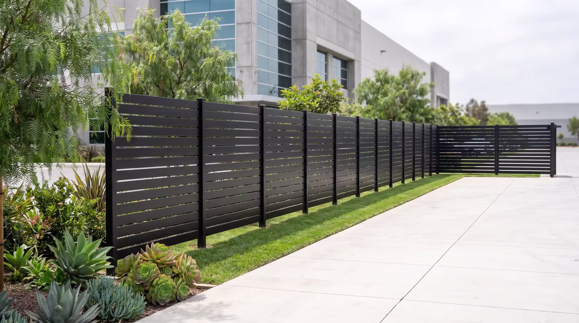 Pale concrete paving with control joints fronts a Black aluminum semi privacy fence at a packaging facility