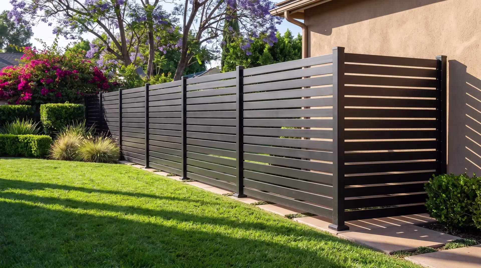 A straight run of Black aluminum semi privacy fence ends cleanly against a suburban home's building wall