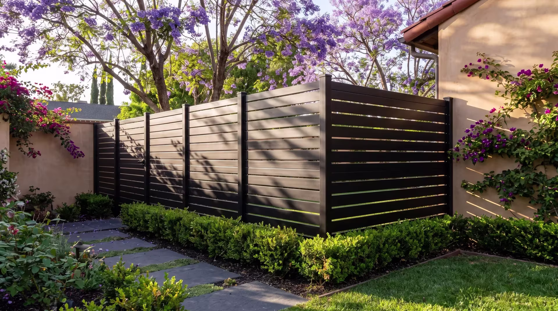 Warm plaster walls border a Black aluminum semi privacy fence in a Mediterranean home's rear courtyard