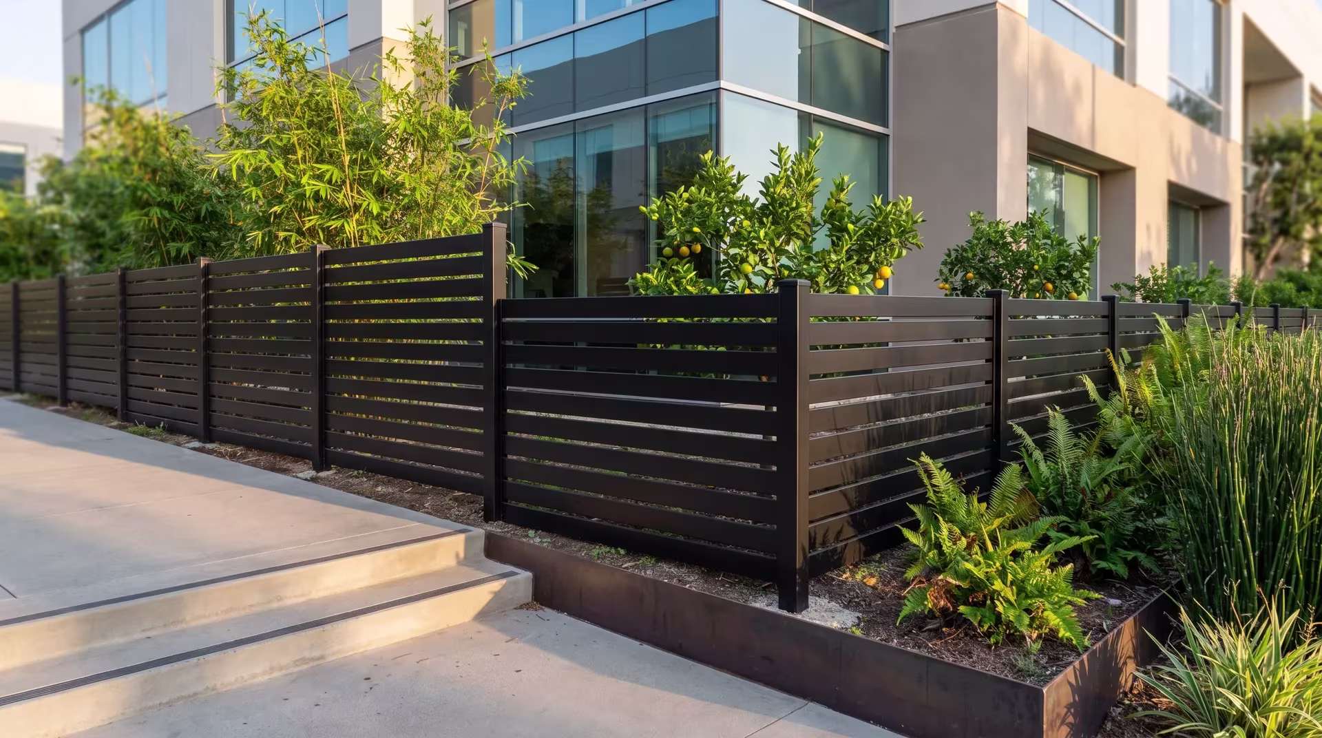 A glass-and-stucco office building rises beside a Black aluminum semi privacy fence lined with bamboo and ferns