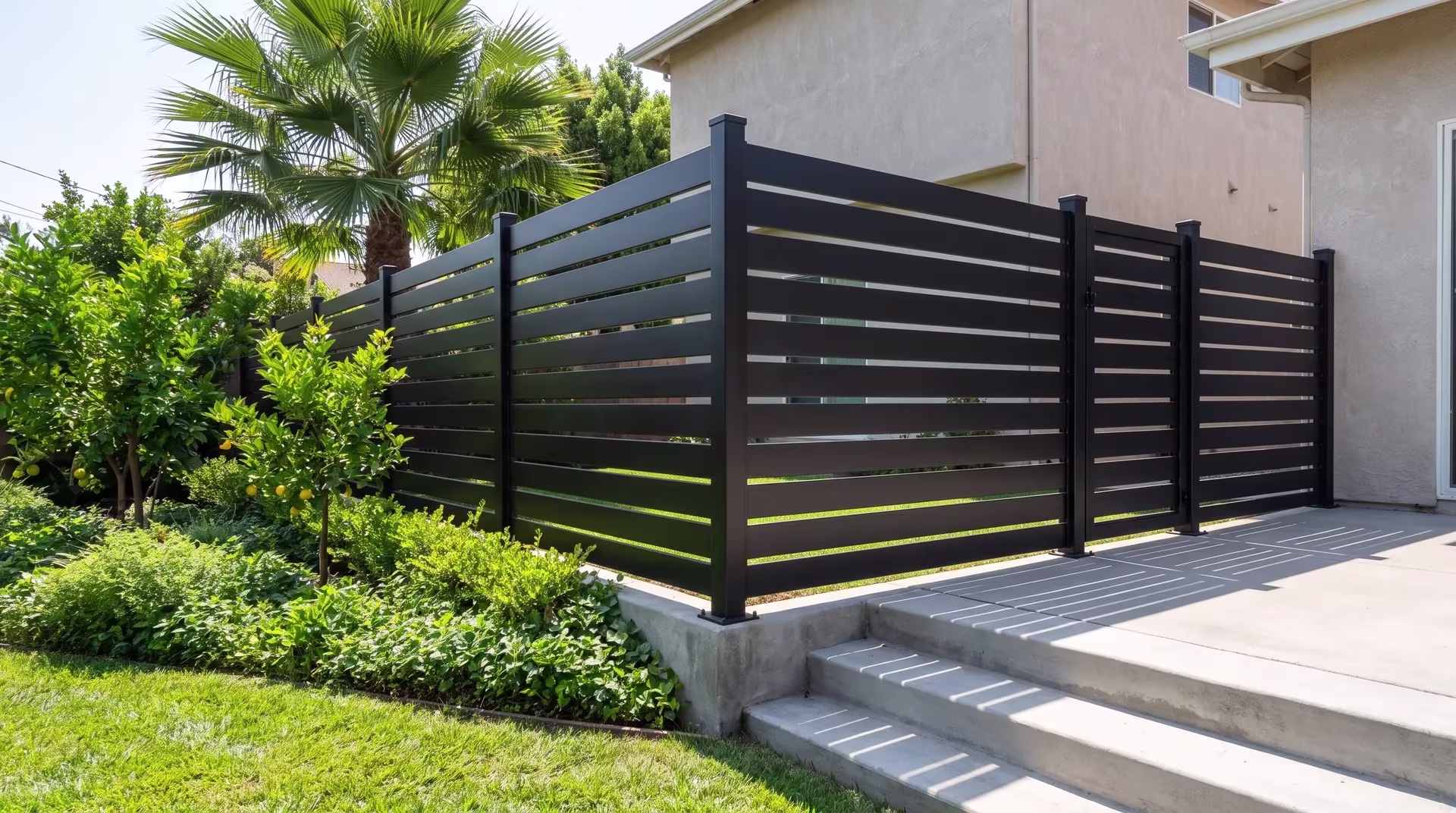 A tall fan palm rises beside the corner post of a Black aluminum semi privacy fence splitting a duplex garden