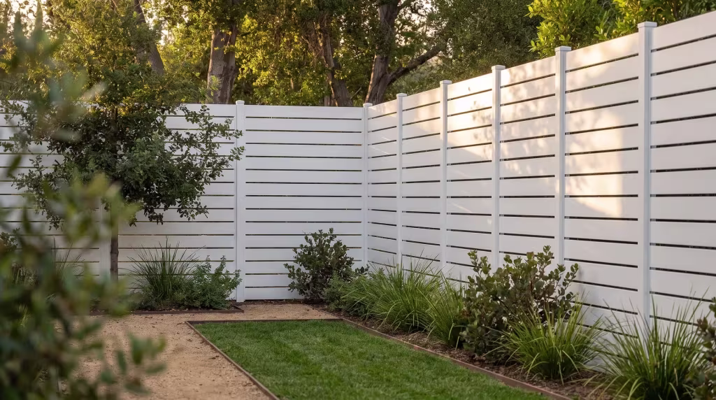 A narrow lawn strip runs beside a White aluminum semi privacy fence turning the corner of a farmhouse-style terrace