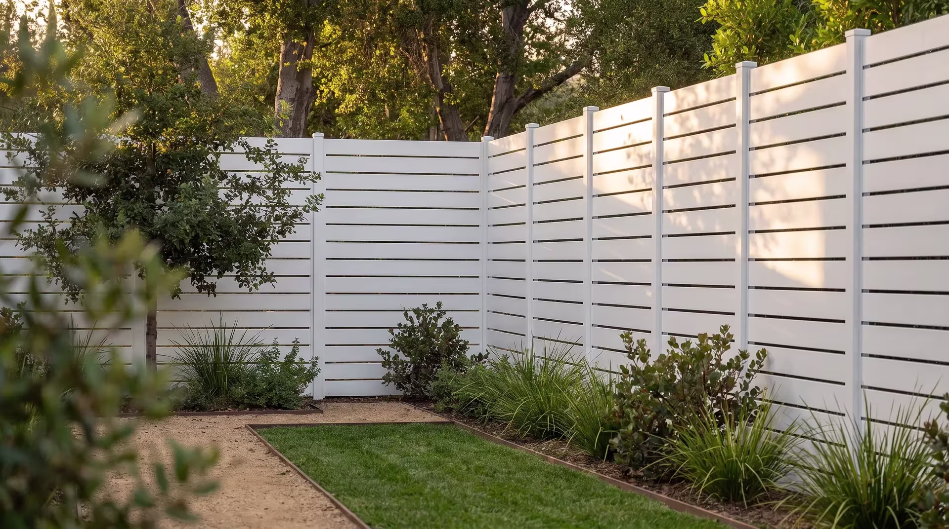 A narrow lawn strip runs beside a White aluminum semi privacy fence turning the corner of a farmhouse-style terrace