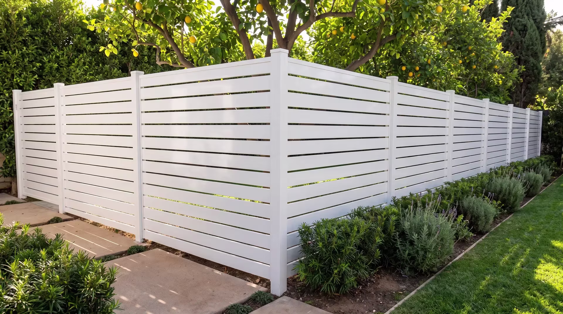 Lemon trees and lavender line a White aluminum semi privacy fence beside a Spanish Revival home's stucco wing