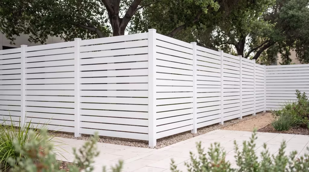 Pale stone paving and a narrow gravel band trace this White aluminum semi privacy fence along a coworking courtyard edge