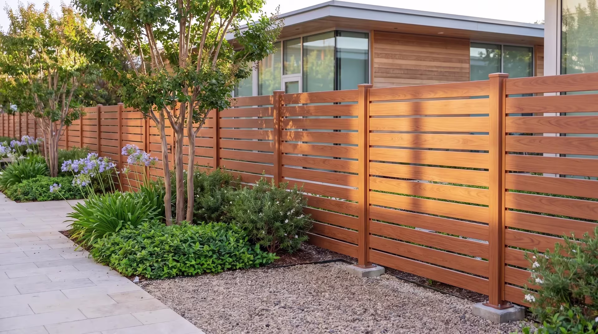 A low modern workspace building overlooks a Woodgrain aluminum semi privacy fence lining a creative office courtyard