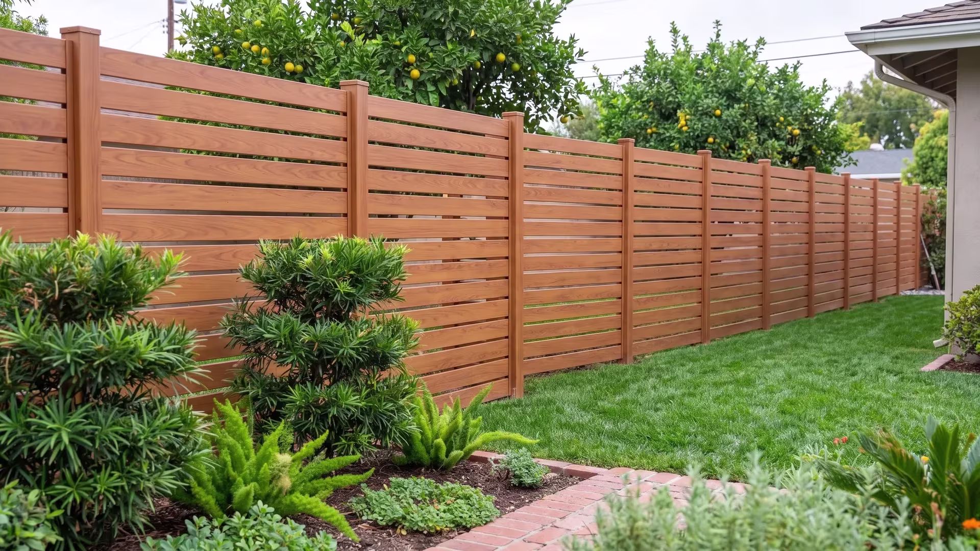 Woodgrain aluminum semi privacy fence set along a brick-edged garden path among citrus trees and podocarpus