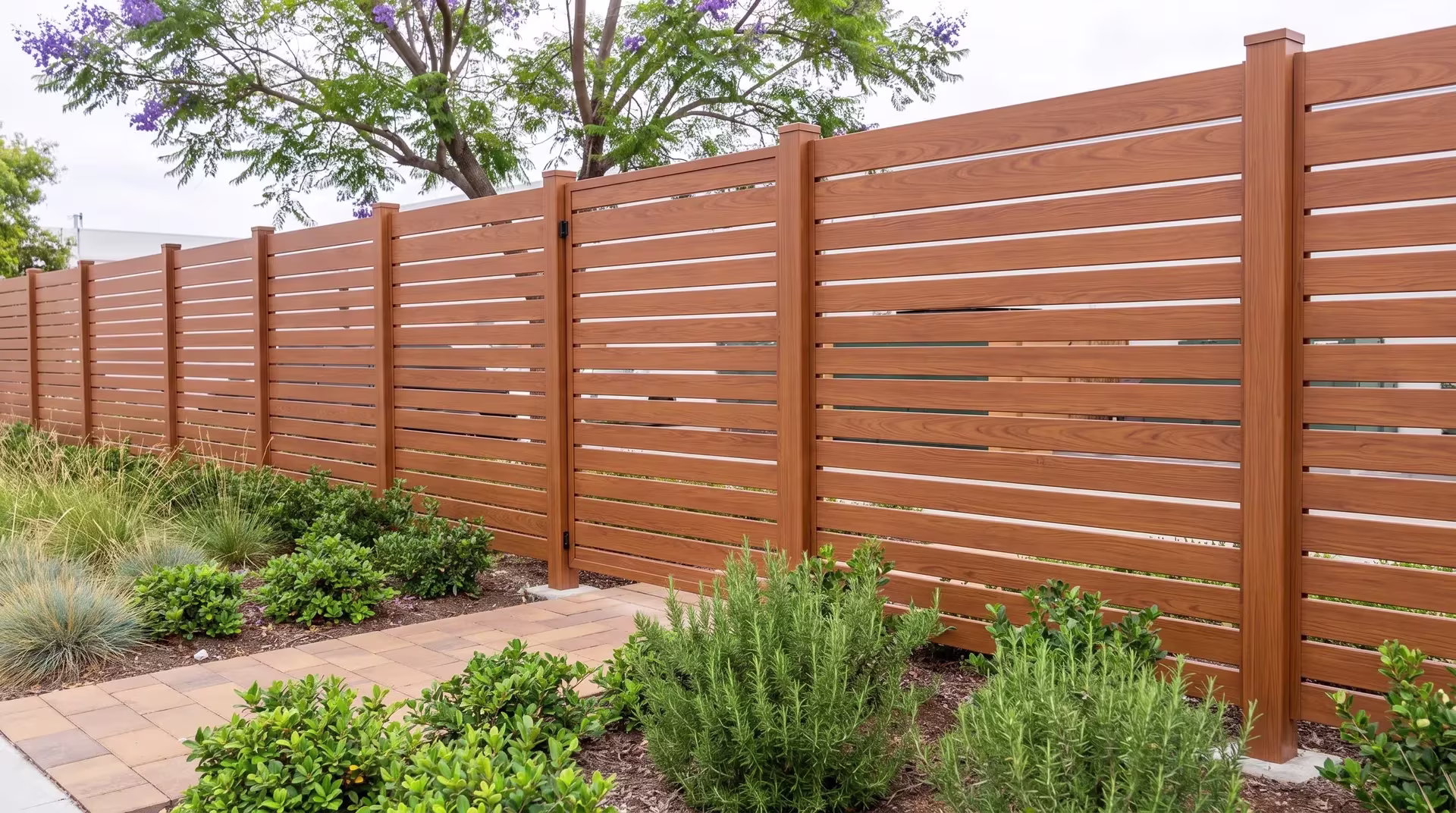 Drought-aware planting softens a Woodgrain aluminum semi privacy fence screening a distribution facility's utility courtyard
