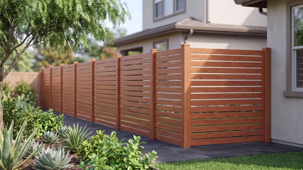 Woodgrain aluminum semi privacy fence standing against dark charcoal pavers beneath a spreading pepper tree canopy