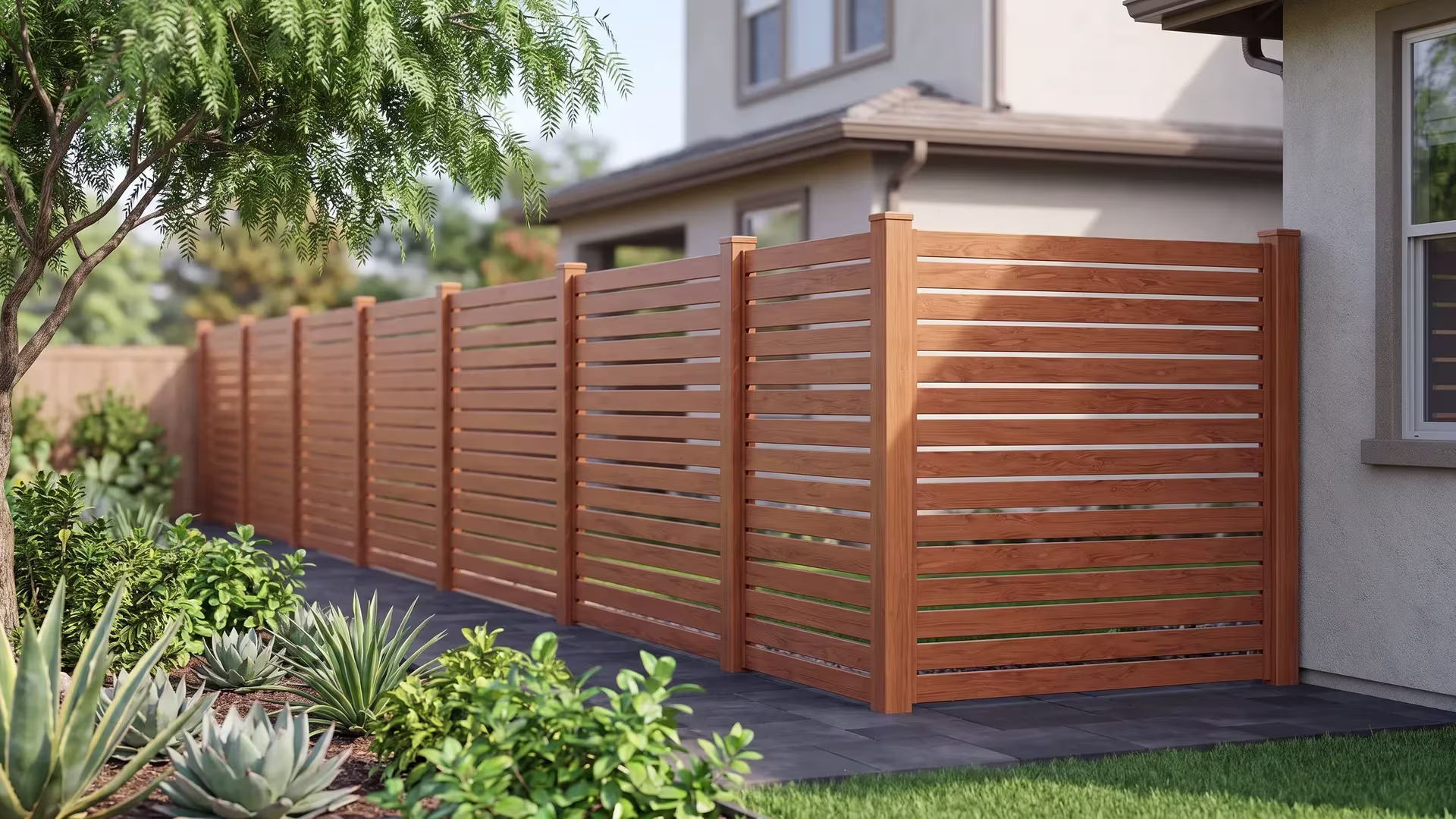 Woodgrain aluminum semi privacy fence standing against dark charcoal pavers beneath a spreading pepper tree canopy