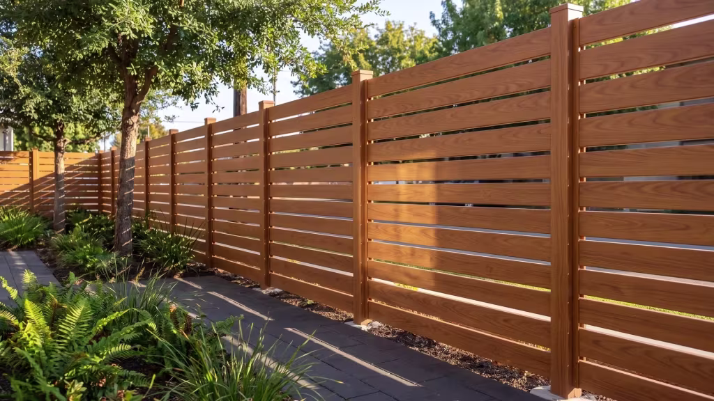 Woodgrain aluminum semi privacy fence bordering a narrow courtyard lawn strip shaded by a coast live oak