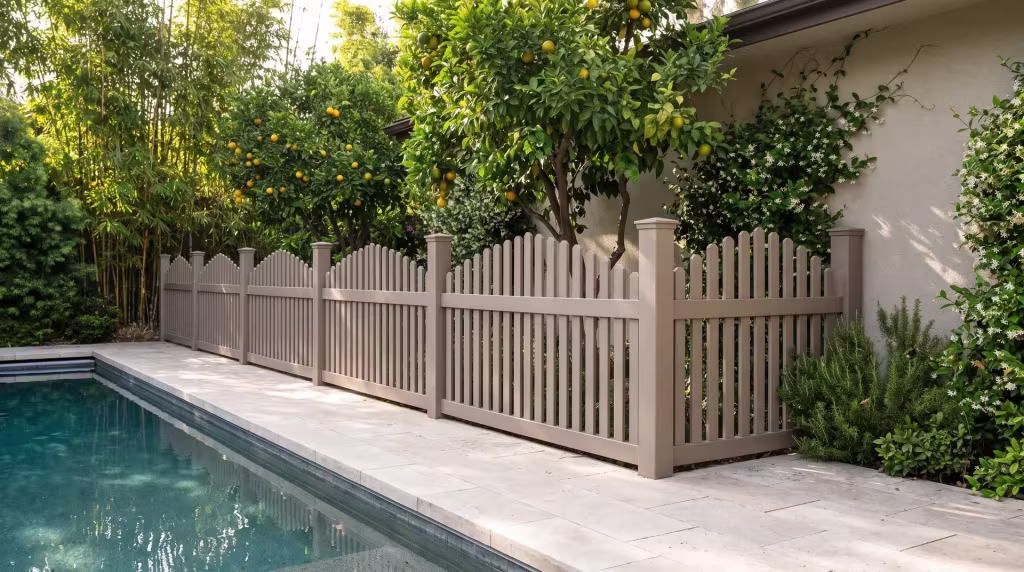 Clay vinyl arched picket fence bordering a lap pool garden finished with pale stone paving