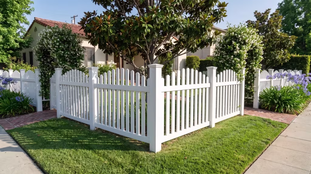 A layered front garden beside the public sidewalk is bordered by a White vinyl arched picket fence