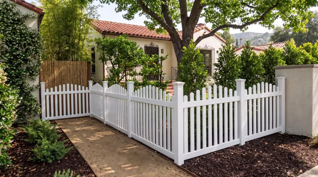White vinyl arched picket fence set along a shaded yard with decomposed granite paths