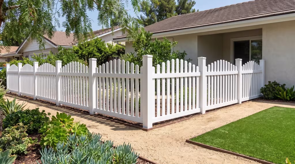 White vinyl arched picket fence turning around a corner lot lined with decomposed granite paths
