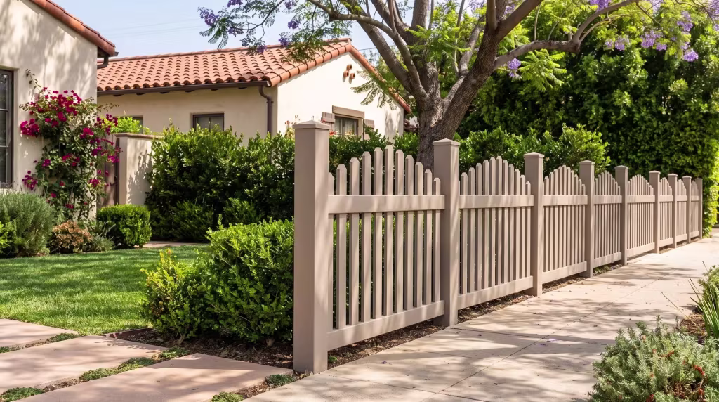 Clay vinyl arched picket fence framed by concrete pavers in a drought tolerant garden