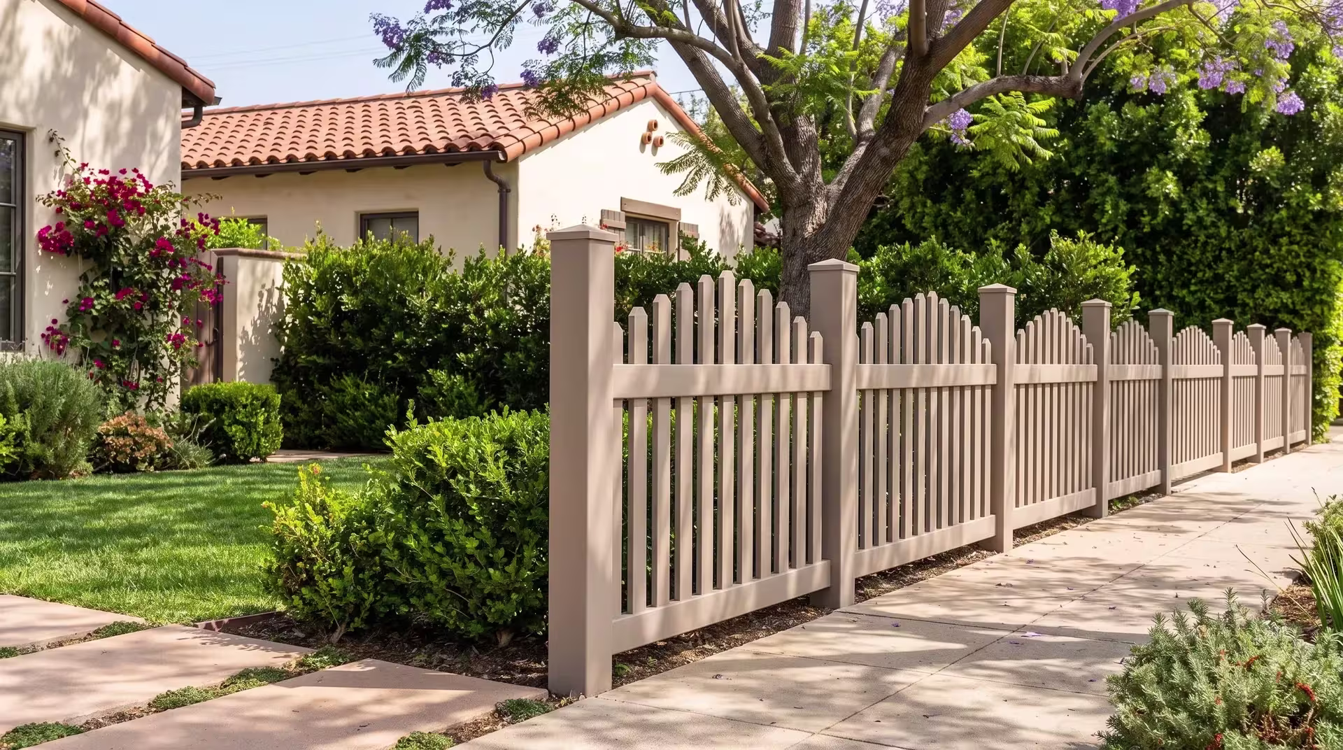 Clay vinyl arched picket fence framed by concrete pavers in a drought tolerant garden
