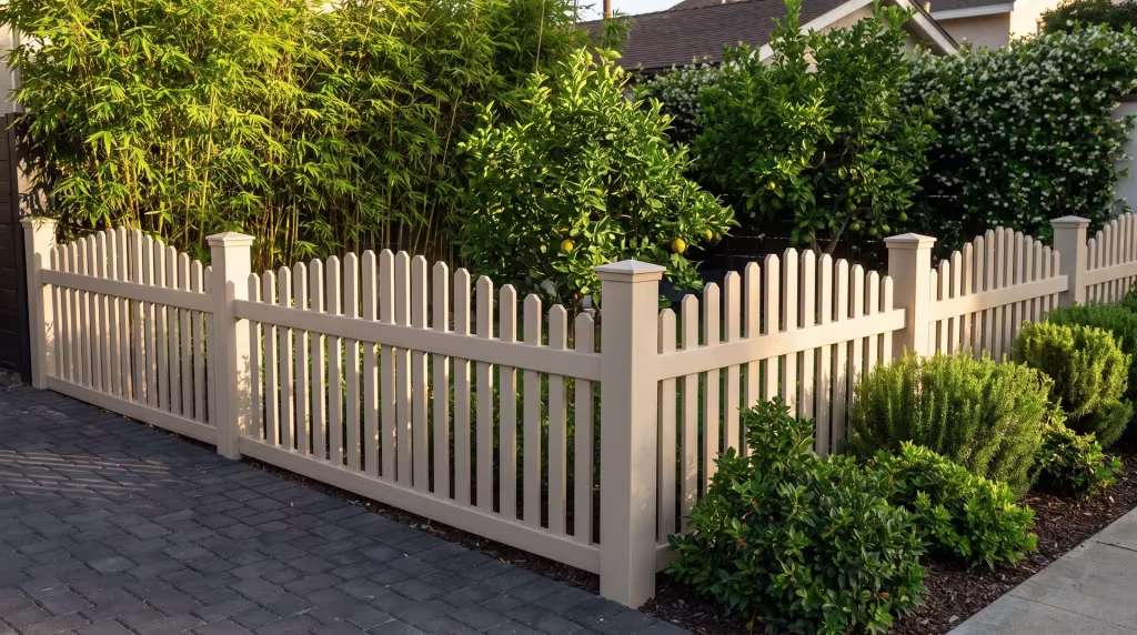 Tan vinyl arched picket fence turning a corner above dark charcoal pavers softened by planting