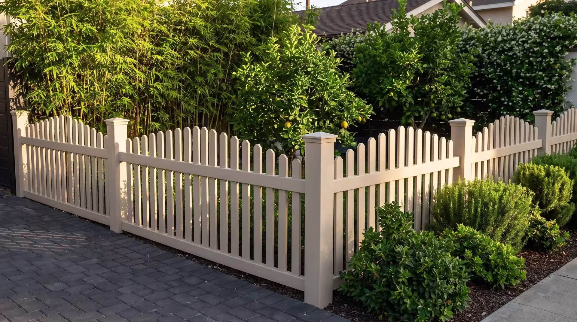 Tan vinyl arched picket fence turning a corner above dark charcoal pavers softened by planting