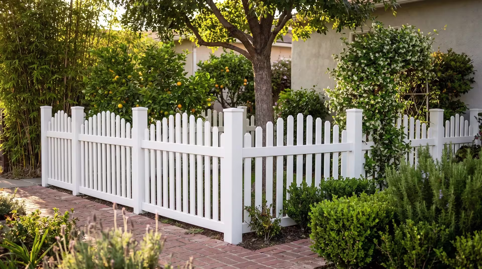 White vinyl arched picket fence shading a front yard beneath a mature street tree