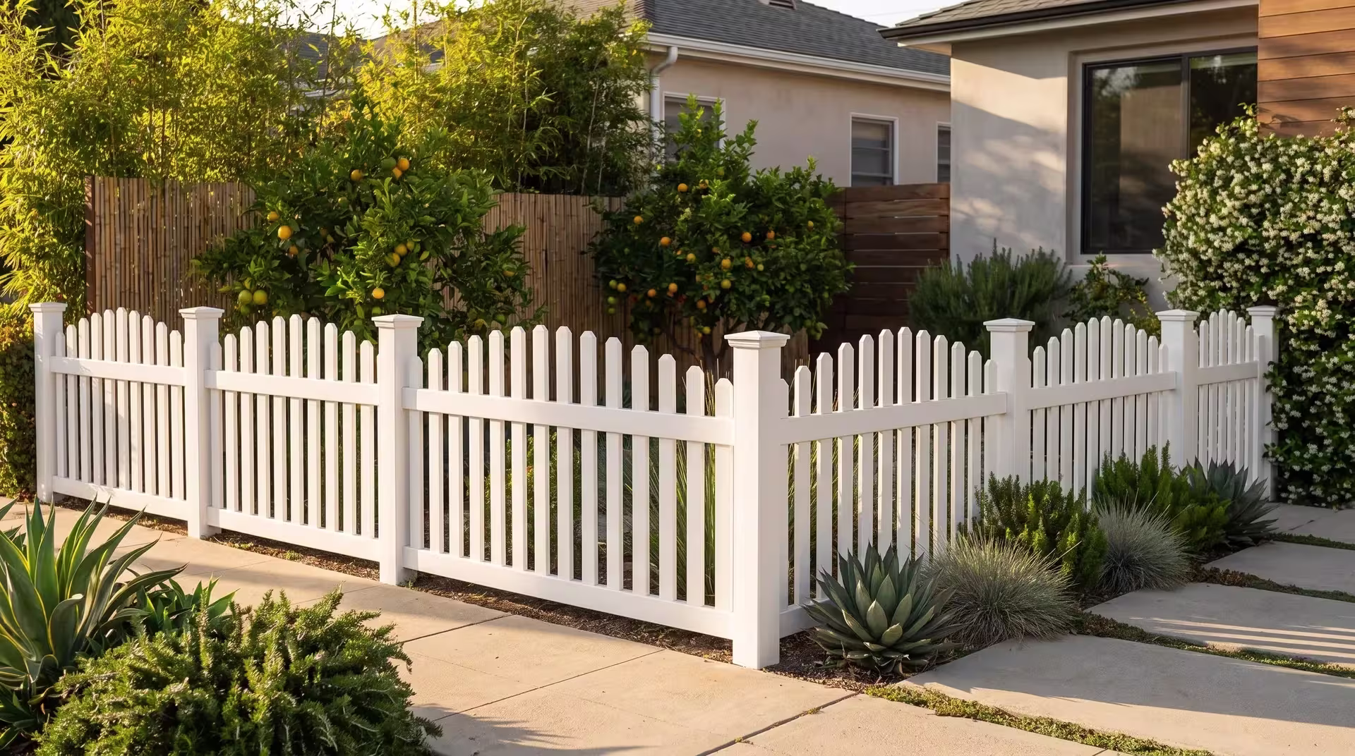 Concrete pavers with narrow planted joints border a White vinyl arched picket fence