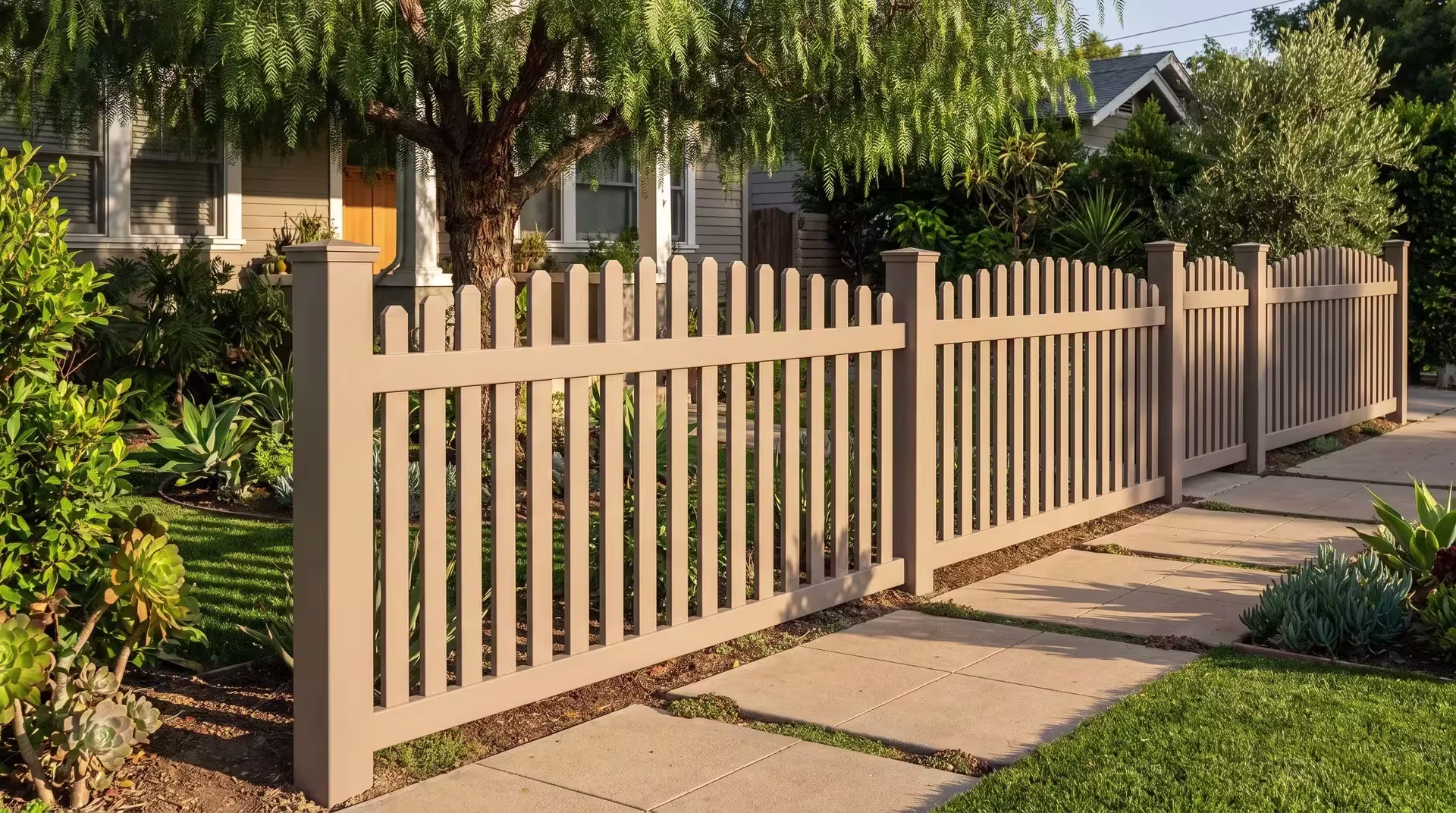 Stepped Clay vinyl arched picket fence following a sloped front garden along concrete pavers