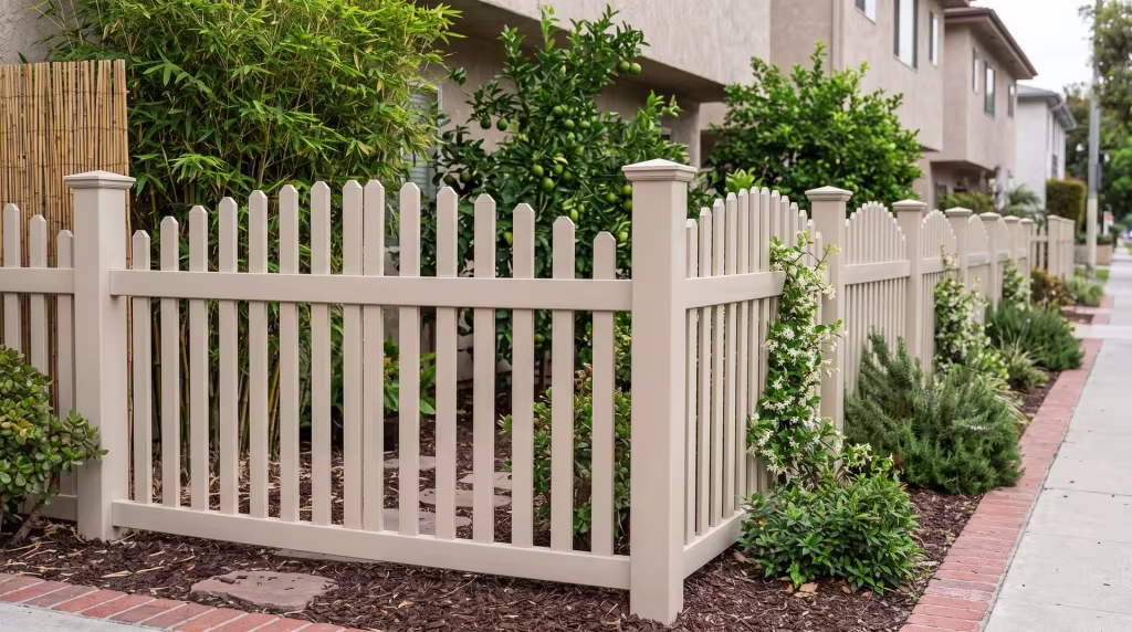 Tan vinyl arched picket fence lining a courtyard garden beside a brick-edged path