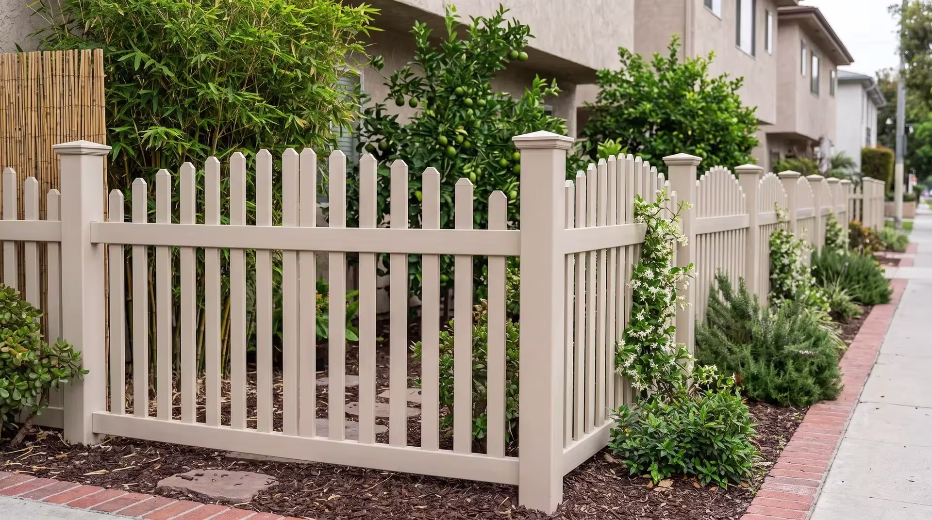 Tan vinyl arched picket fence lining a courtyard garden beside a brick-edged path