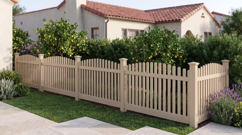 Tan vinyl arched picket fence stepping down a sloped garden set in pale stone paving
