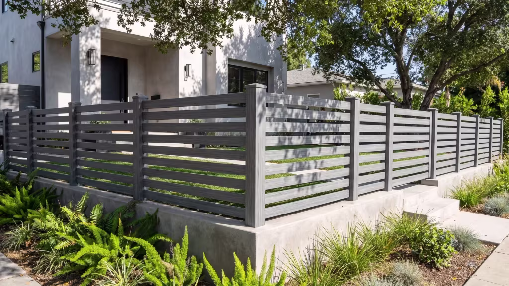 Arctic Blend vinyl horizontal picket fence lining a narrow lawn strip under coast live oak shade