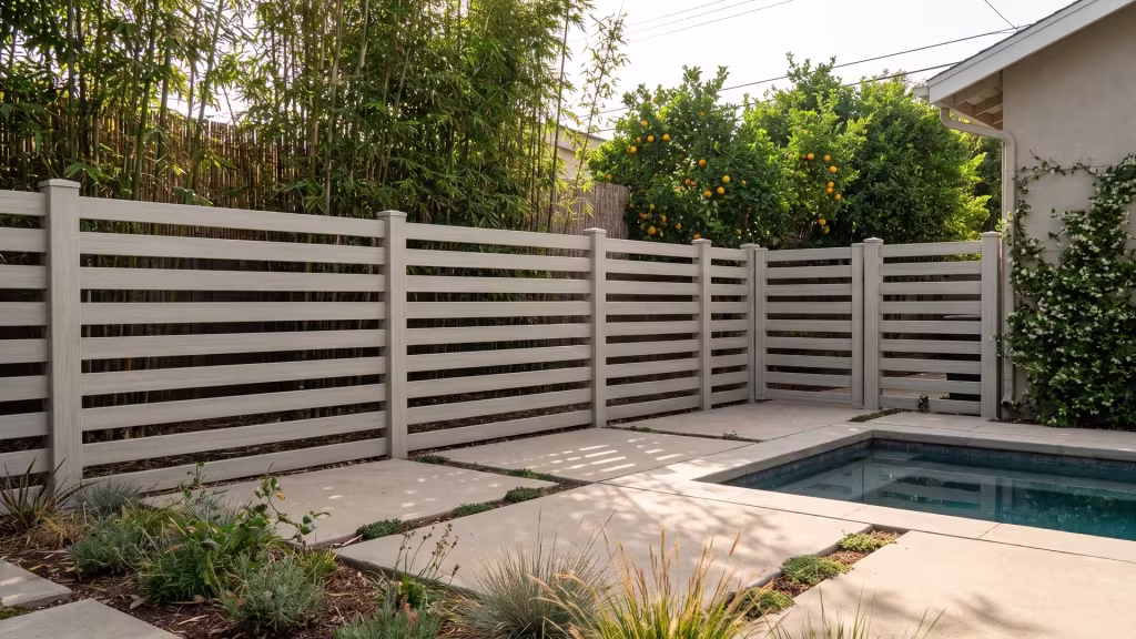 Mesquite vinyl horizontal picket fence closing a pool courtyard screened by bamboo and citrus planting