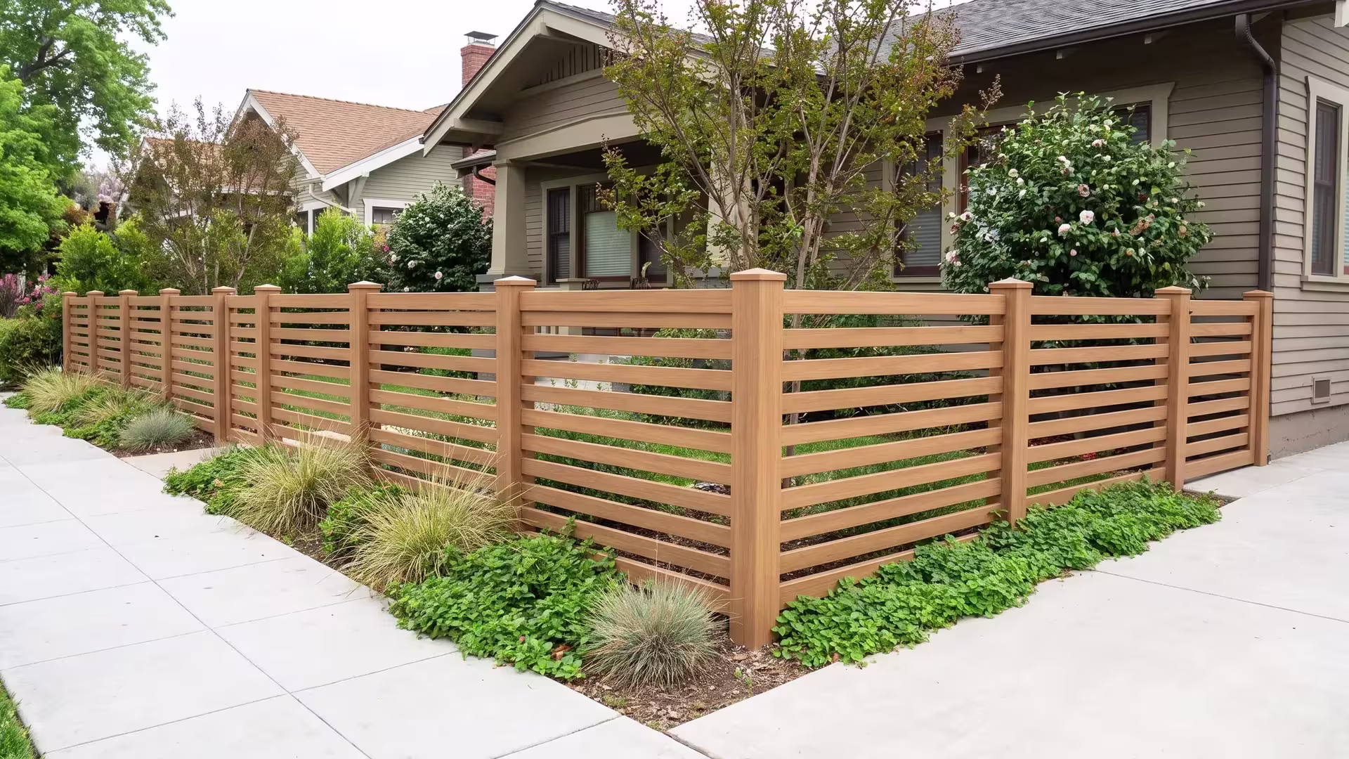 Sierra Blend vinyl horizontal picket fence bordering a Craftsman garden beside a broom finished walk