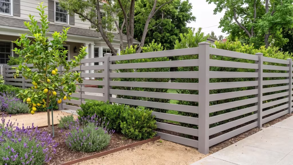 Slate Gray vinyl horizontal picket fence rounding a lemon tree corner planted with lavender and grass