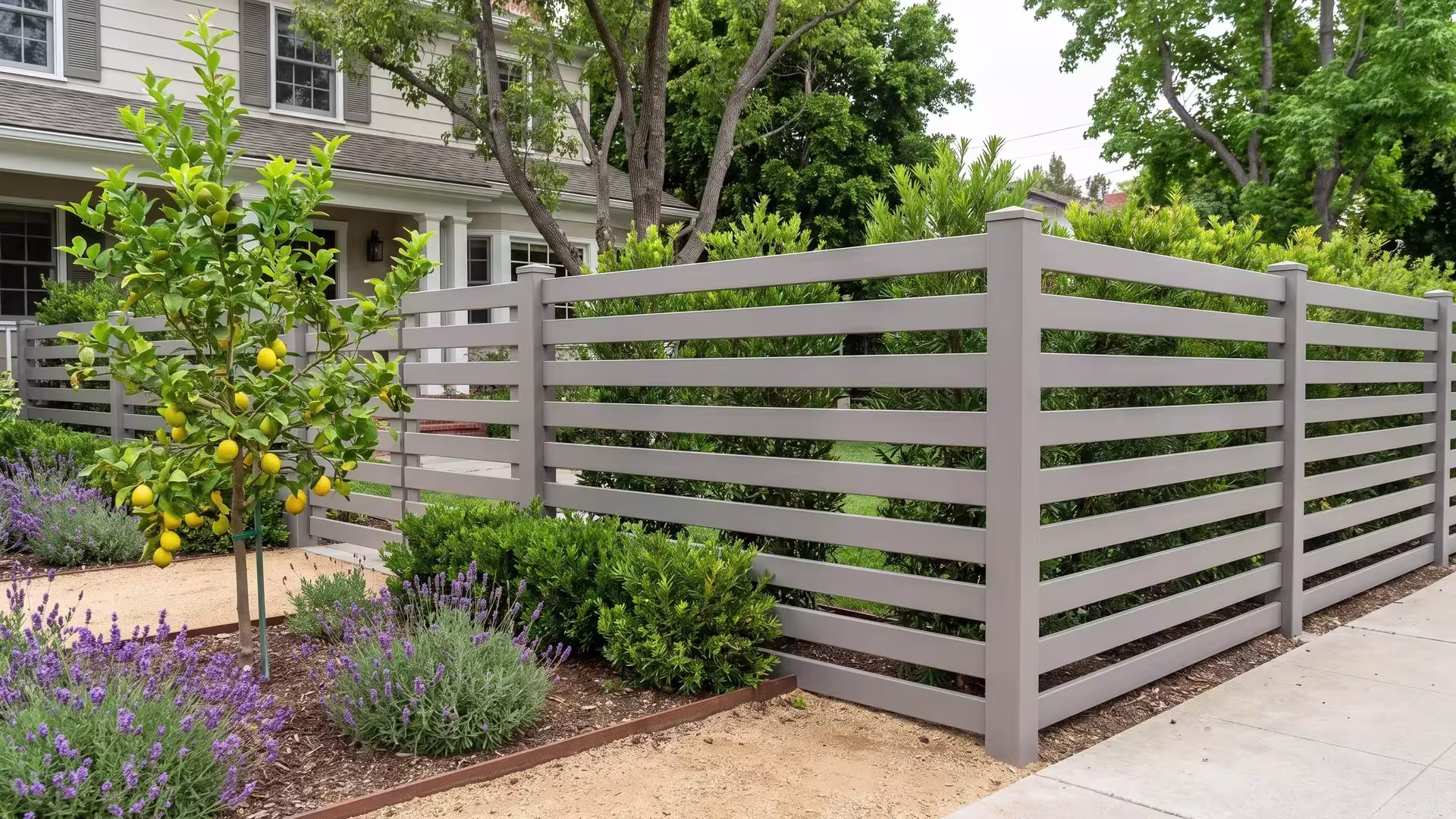 Slate Gray vinyl horizontal picket fence rounding a lemon tree corner planted with lavender and grass