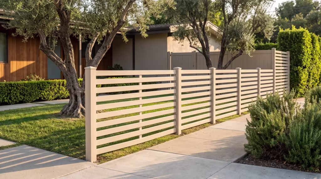 A Tan horizontal picket fence built in vinyl lines the broom finished walk beneath mature olive trees