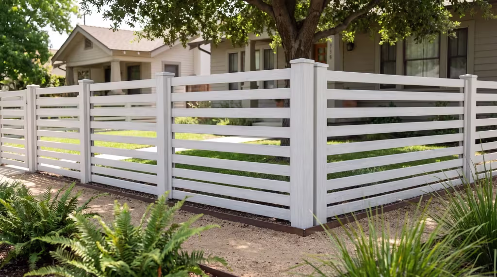 Steel edged decomposed granite paths border a Weathered Aspen horizontal picket fence built in vinyl beneath oak shade