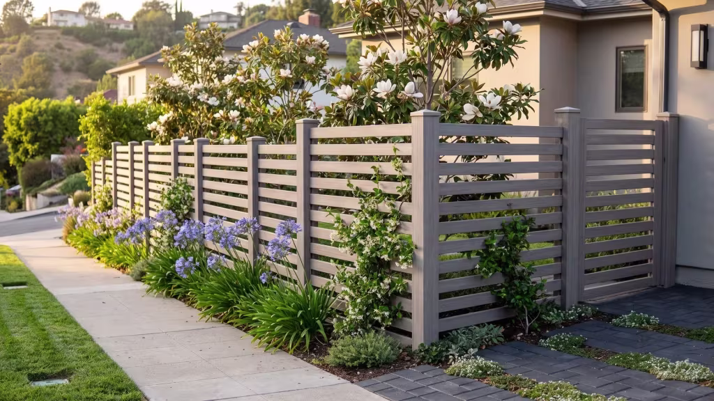 Weathered Blend vinyl horizontal picket fence framing a magnolia and agapanthus garden along a hillside sidewalk