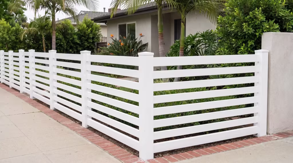 Queen palms and bird of paradise rise beside a White picket fence built in vinyl along a brick edged path