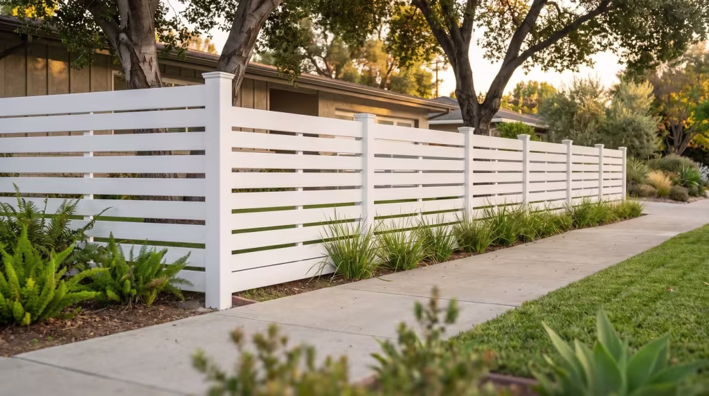 A White picket fence in vinyl turns the corner of a ranch home's broom finished concrete walk