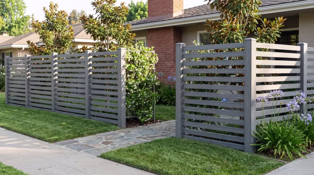 A flagstone walk threads through magnolia and jasmine beside an Arctic Blend horizontal picket fence in vinyl