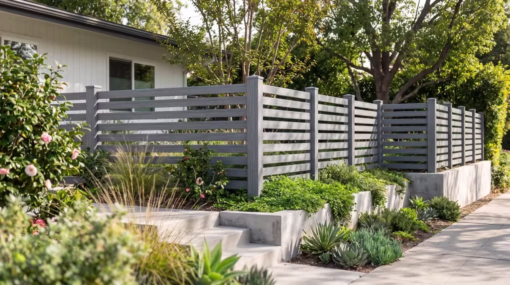 Poured concrete steps and retaining edges lead past an Arctic Blend vinyl picket fence near a quiet public sidewalk