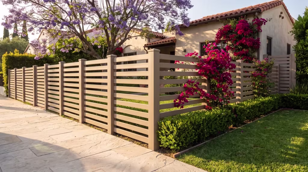 Pale stone paving wraps a Spanish Revival corner beneath jacaranda canopy beside a Clay vinyl picket fence