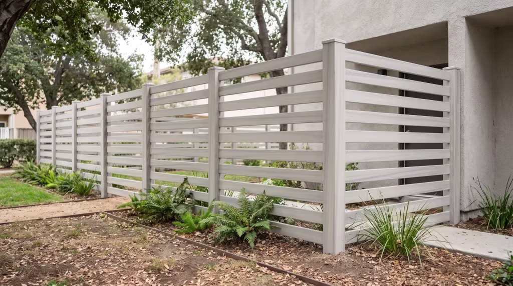 Coastal Cedar vinyl horizontal picket fence bordering steel edged granite paths at a courtyard property