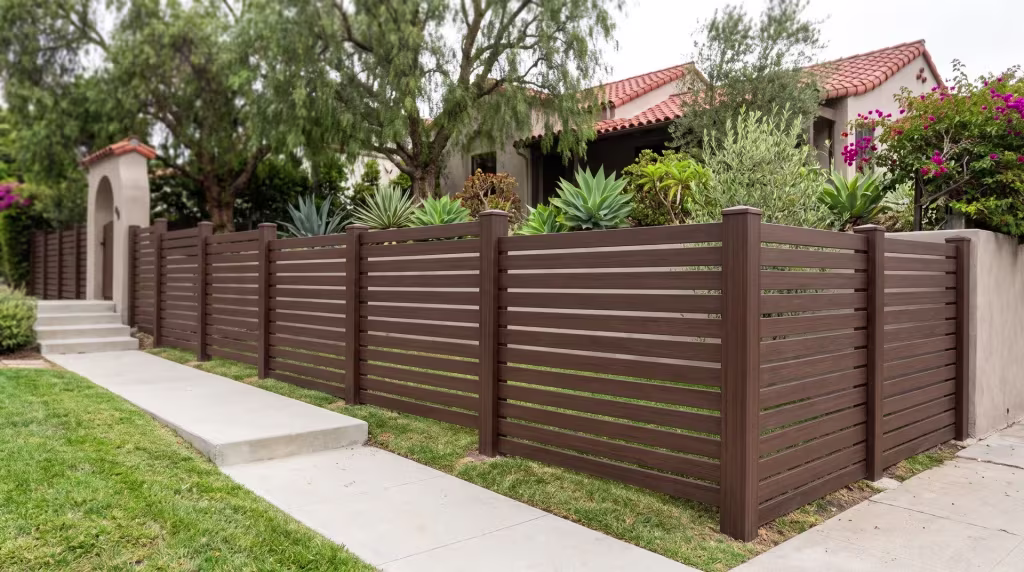 Poured concrete steps and retaining edges frame a Dark Sequoia horizontal picket fence in vinyl beneath a pepper tree