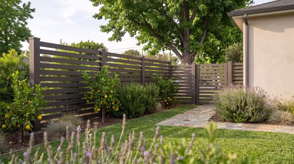 Dark Walnut vinyl horizontal picket fence tracing a flagstone walk shaded by a mature street tree